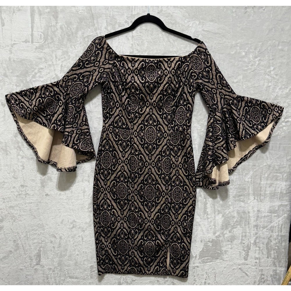 Venus Black Lace Bodycon Dress Bell Sleeves Cocktail Party Sexy‎ Size 6